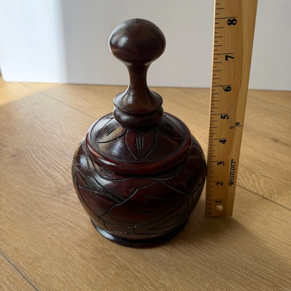 Vintage Hand Carved Wooden Jar with Lid Floral Etched Decorative Vessel Brown
